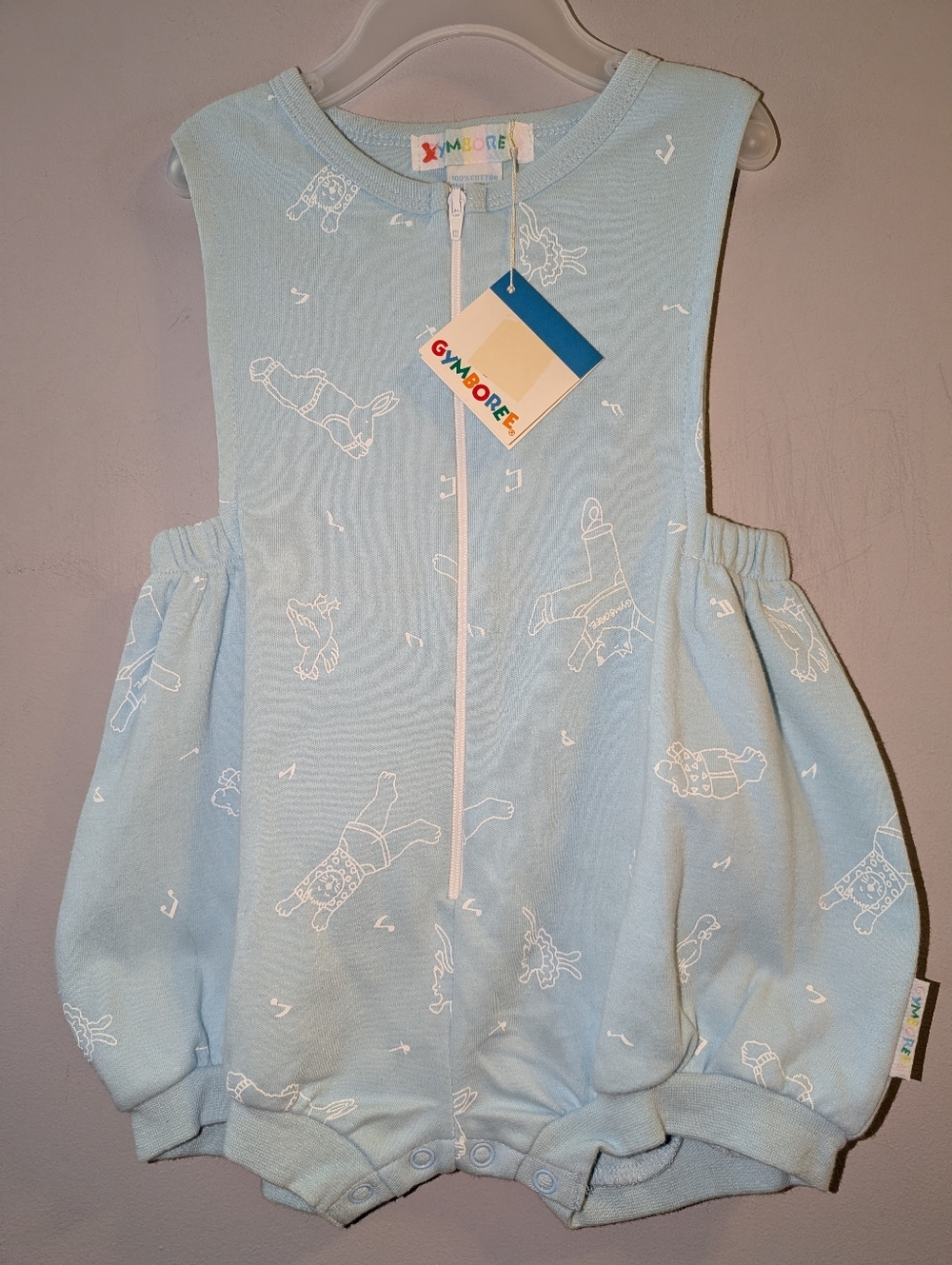 🆕 80s Vtg Gymboree Light Blue Zipper Bubble Romper - Animal Outline Small RARE!